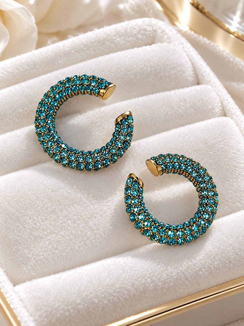 Turquoise Crystal Gold-Plated Pave Ear Cuff Earrings • New